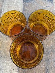 Vtg- 70s Libbey Amber/Orange Crinkle Geometric Design Tumbler Glasses 3.5 -Set 3
