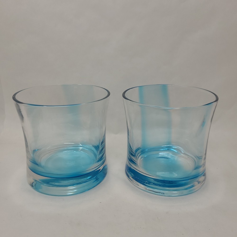 Vintage Blue Ribbon On The Rocks Glasses~Set of 2 Wiskey Glass Heavy Bottoms