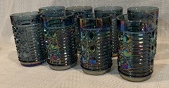 Vintage Set of 8 Blue Iridescent Pressed Glass Tumblers–Heavy Geometric Pattern