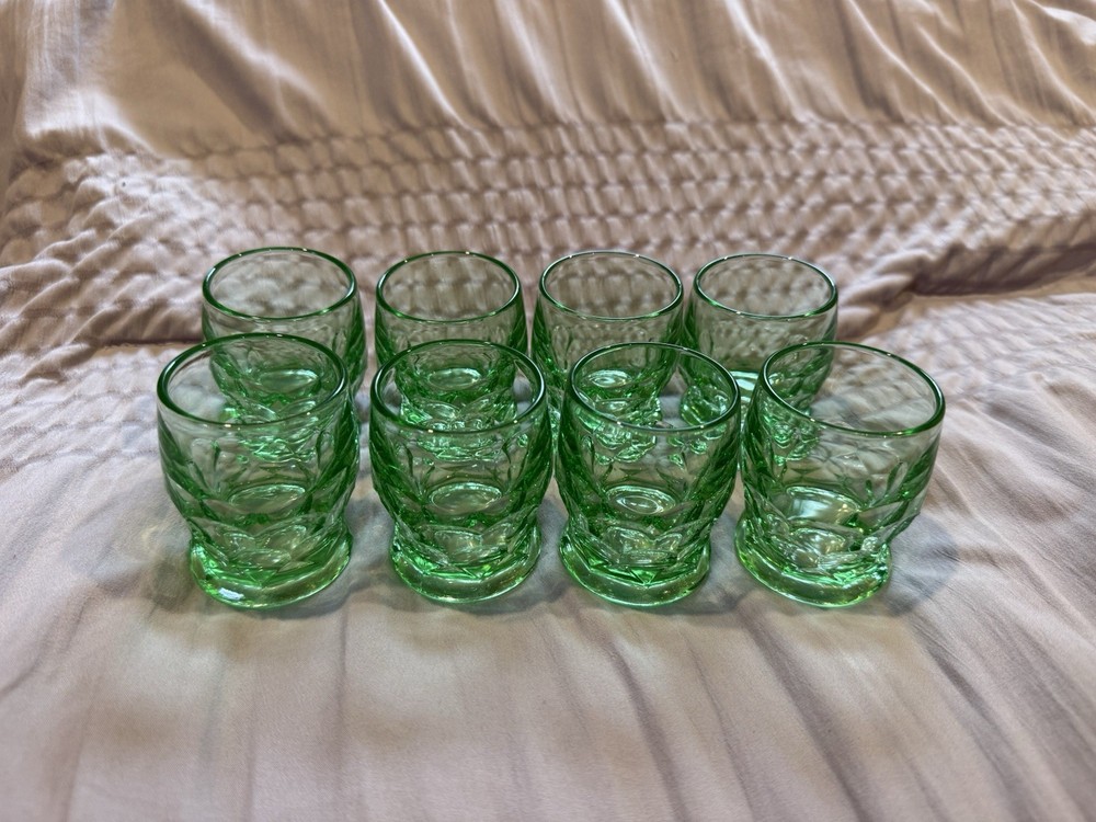 Georgian Vintage Uranium Depression Glass Green Honeycomb Tiny 3” Glasses Set 8