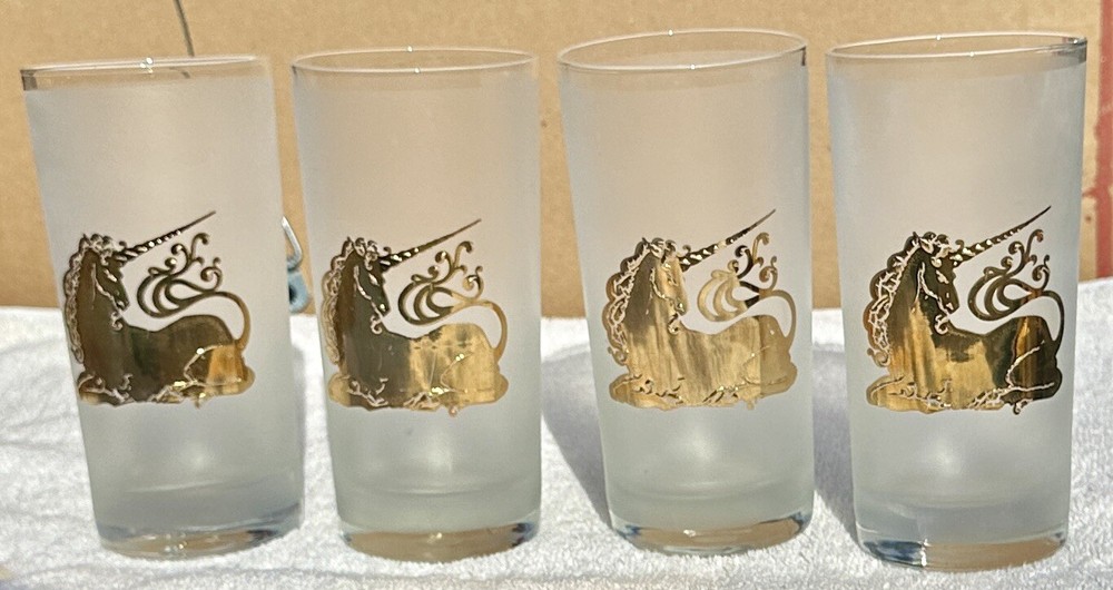 4 Vintage MCM Culver Unicorn Frosted Highball Tumblers 22K Gold Glasses Barware