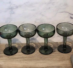 Vtg Smokey Avocado Green Coupe Glasses Set 4 Recycled Hand Blown Glasses Chunky