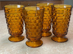 Vintage Indiana Glass Whitehall Colony Cubist Amber Footed Tumblers (Set of 4)