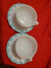 Vintage 1950 Hazel Atlas White Cup & Pastel Blue Ruffle  Edge Saucer set of 2