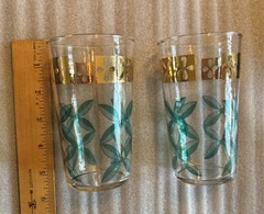 Set 2 Vintage Highball Julep Tumbler Glasses Gold & Mint Leaf Mid Century 5”