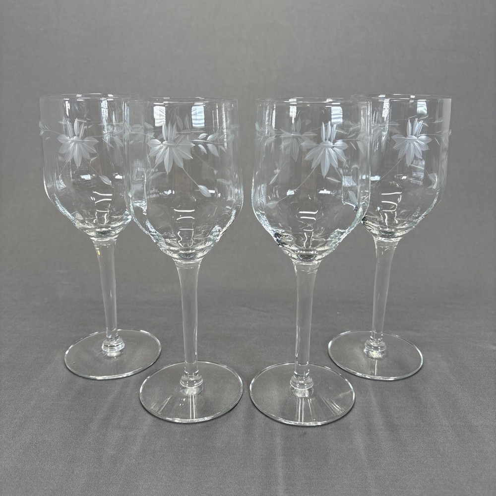 Vintage Gray Cut Floral Design Water Goblet Wine Glass8 1/8″ Set of 4 Optic Bowl