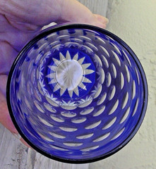 VTG COBALT BLUE Cut to Clear Bohemian Czech 6.5″ Tumbler drink Glass bubble dot