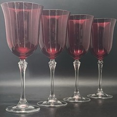 La Reine 4pc Vertical Stripes Ruby Red Cut to Clear Wine Glasses Italy 8″t 8oz