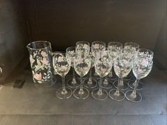 14 Luminarc Florentine Arcopal Wine Glasses & Pitcher. Pink Lavender Flowers