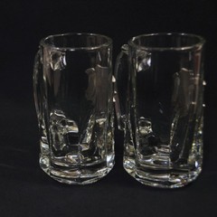 Libbey Clear Glass 2 Mugs Golf Theme Pewter Medallion 12 Ounces 5 7/8″ Tall HTF