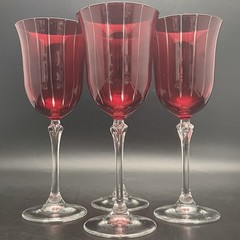 La Reine 4pc Vertical Stripes Ruby Red Cut to Clear Wine Glasses Italy 8″t 8oz