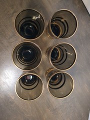 6 MCM Romanian Blown Glass Cordial Glasses Smoke with Gold Stripes And Rim