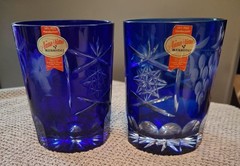 Anna Hütte Cobalt Blue Hand Cut Crystal Floral Tumblers Set of 2 4in Germany