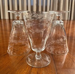 Vintage Optic Etched Floral 5 1/4” H Footed Wine Glasses Set Of 3