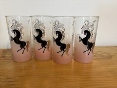 Set of four vintage Libbey frosted pink highball glasses horses 22K Gold Accents