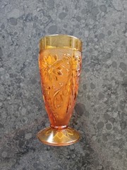 Amber Pressed Glass Goblet Set Floral Embossed Pattern Glossy Finish Four-Piece