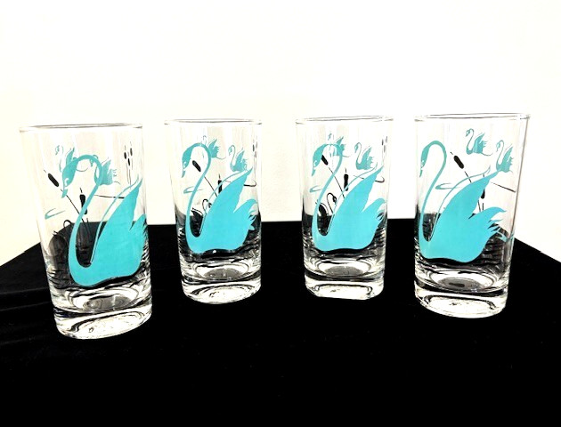 1960s Glass SWAN CATTAIL AQUA BLUE Clear Glasses Tumblers- Set of 4 – 5.25″H MCM