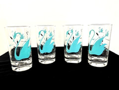 1960s Glass SWAN CATTAIL AQUA BLUE Clear Glasses Tumblers- Set of 4 – 5.25″H MCM