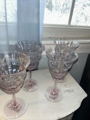 Rare Set Of 4 Vintage Central Glass Works Orchid Stem Etched