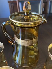 Rare Vintage Tiffin Rambler Rose Amber Pitcher w/ Lid and 4 Tumblers- Stem 14196