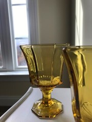 3 Vintage Amber Octagonal Independence Farmhouse Water Wine Tea Goblet Footed 6″