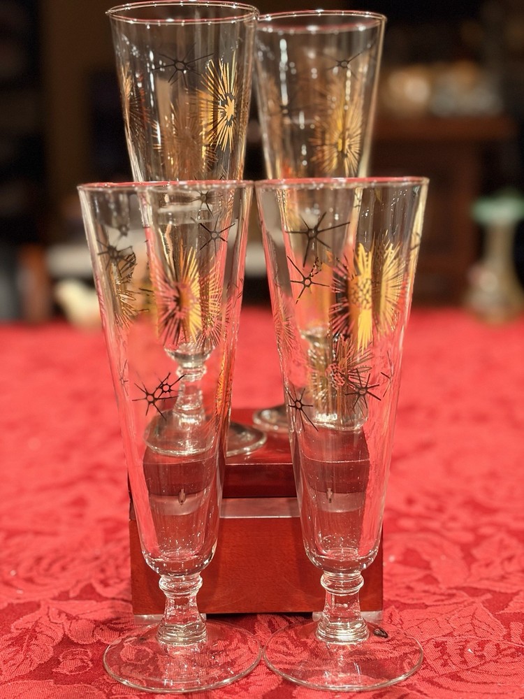 4 Vtg Libbey Granada Atomic Starburst Gold Platinum Footed Pilsner Glasses MCM