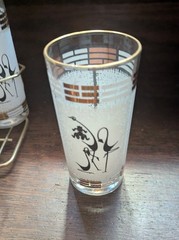 MCM Libbey Crane Bird Tiki Bar Highball 8 Piece Glasses Tumbler Set with Caddy