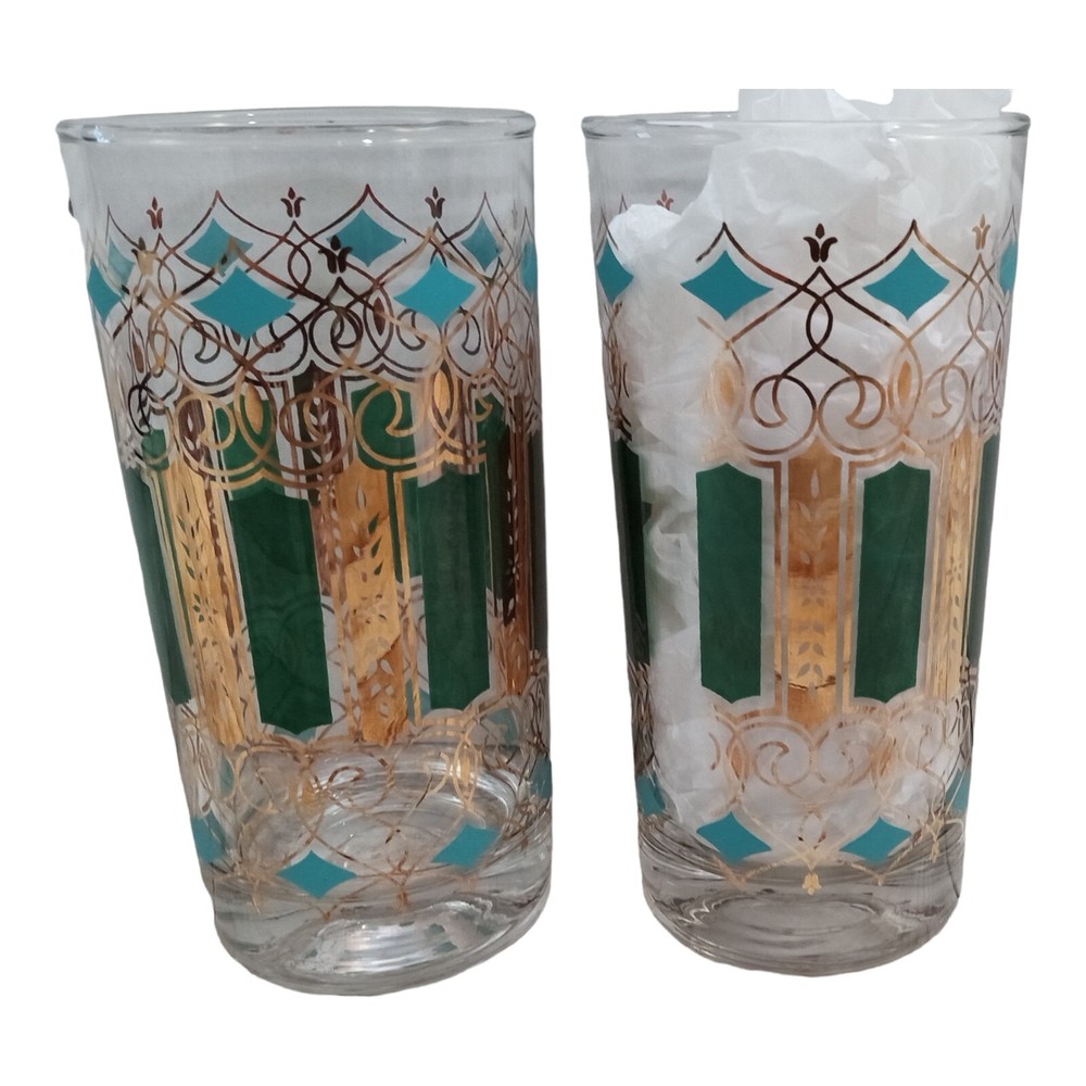 MCM Highball Tumbler Turquoise Green Gold Pair Cathedral Fleur de Lis 2