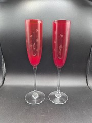 2-Ruby Red Hand Blown Champagne Glasses With Clear Stems Etched Atomic Starburst