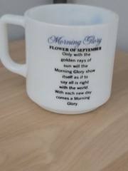 Vintage Brockway Flower of the Month Mug Cup Milk Glass Morning Glory September