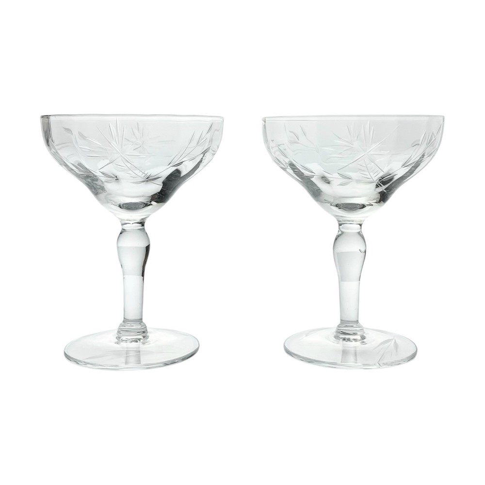 1950s Marion Glass 2 Etched Flower Short Champagne Coupe Glasses 4 5/8” 5oz C365