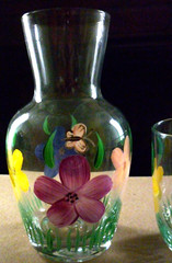 Tumble Up Hand Painted Pitcher Carafe Flowers Butterfly Clear Glass Vintage