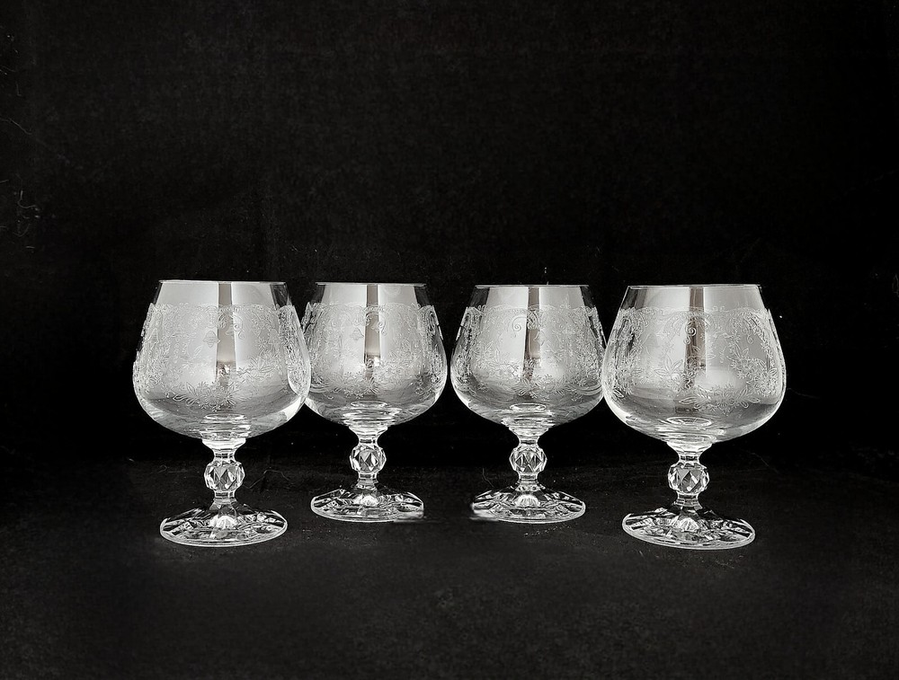 Import Assoc CASCADE Etched Crystal Brandy Snifters Glasses ~ Set of 4