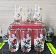 Vintage MCM Libbey Prancing Colts Frosted Highball Glass Set of 8 Barware Gold