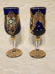 2 Vintage Cobalt Blue Tre Fuochi 24KT Cordial Glasses Murrano 5” Tall
