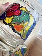 2 Vintage Libbey Stained Glass Cups Mugs with Metal Handle Fruit Design