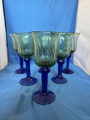 Vintage Hand Blown Cobalt Blue Wine Glasses with Clear Stem Set of 6 (J)