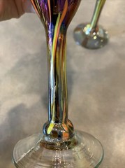 Lot of 2 Mexico Art Glass Champagne Flute Goblet Mottle Iridescent Stemware READ