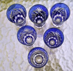 6 Cobalt Blue to Clear Hand Cut Glass Tumblers Diamond Fan Star Vintage Barware