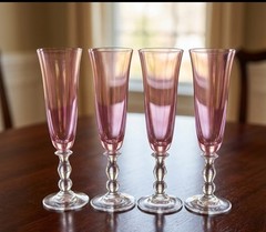Vintage Pink Iridescent Crystal Glasses Set of 7 MCM Luster Flutes & Goblets⁠