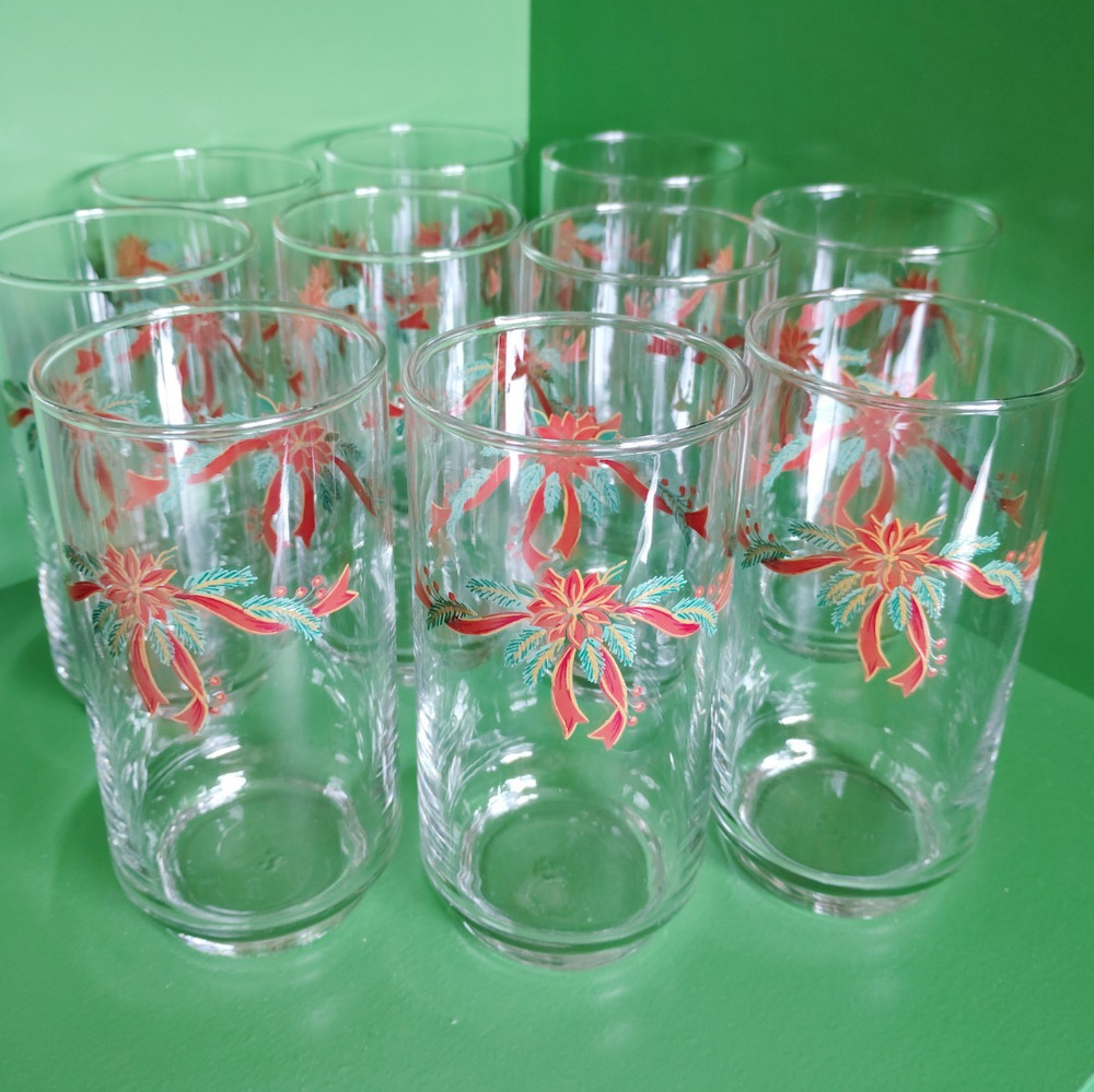 Vintage Libby Set of 10 Clear Tumbler Glasses Red Green Floral Christmas Decor