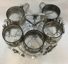 Wine Glasses Goblets Glass Black Ombre Clear Etched Floral w/ Storage Caddy Vtg