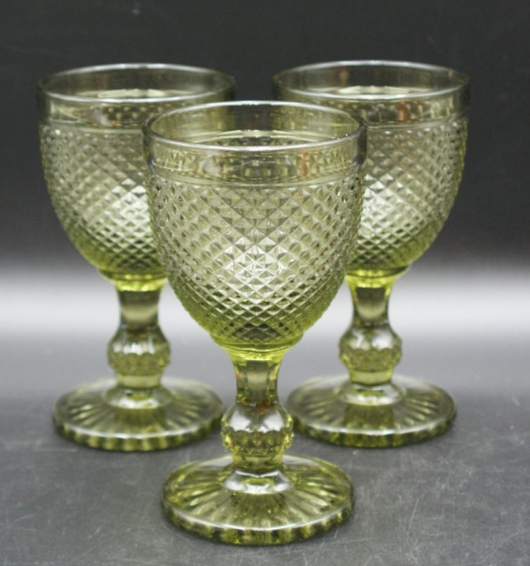 3 Ivima Diamond Point Vista Alegre Green Olive Wine Water Glass 6.5″ 8 oz. MCM