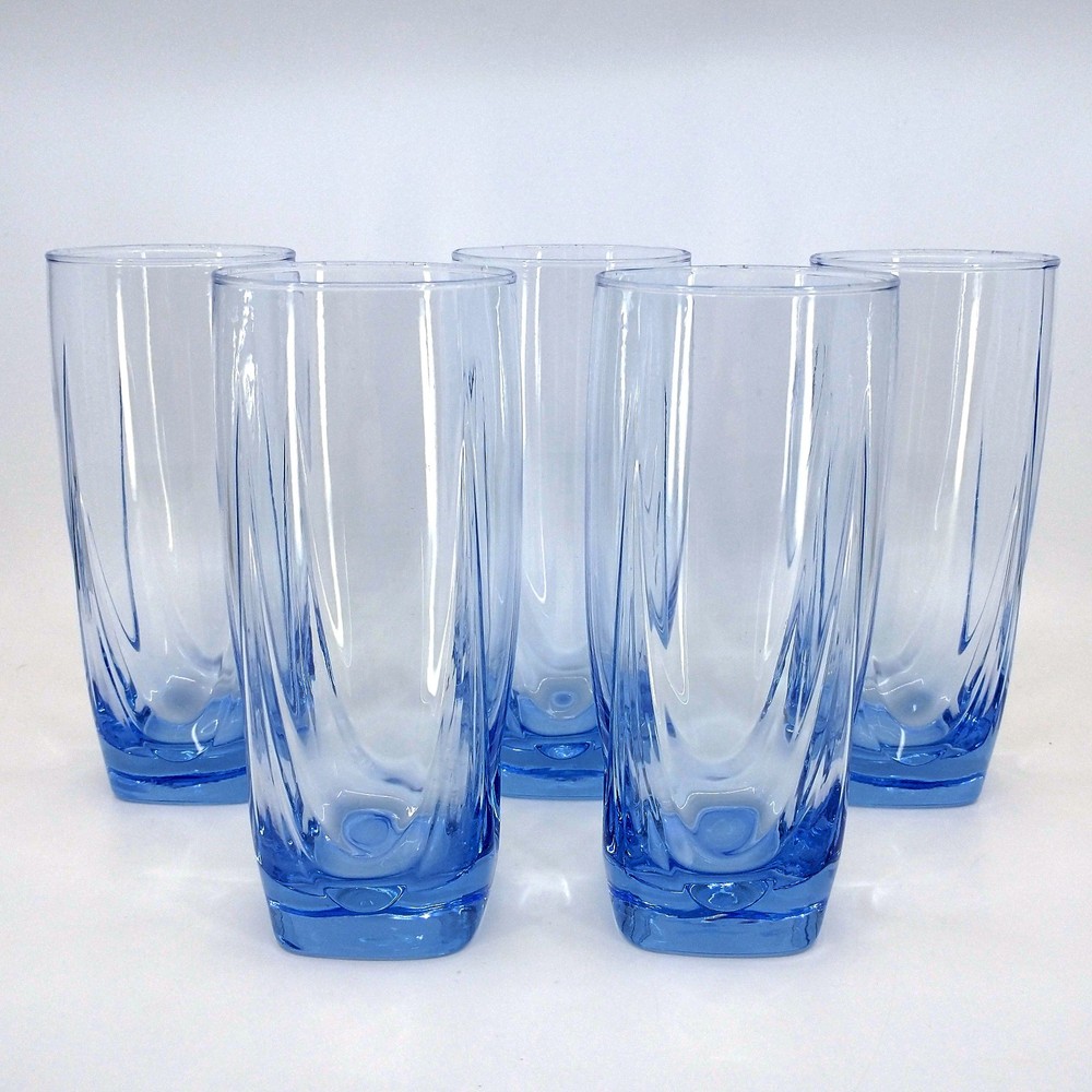 Set of 5 Libbey Imperial Misty Blue Iced Tea/Cooler Glasses Square Bottom 6 3/4″