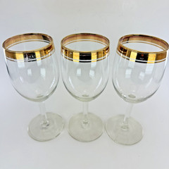 Set of 7 VTG Libbey Safedge Wine Glasses Gold Rim Double Banded Stemmed Barware