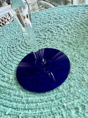 Weston Louie Glass Optic Etched Champagne goblet w/cobalt blue foot 6 Oz