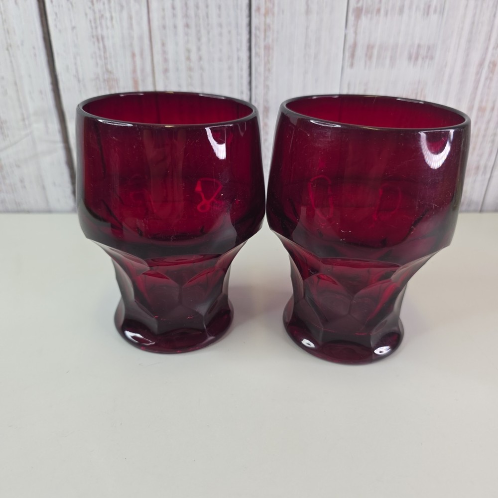 Vintage Ruby Red Drinking Glasses Set of 2 Georgian Honeycomb 5in Kitchen Decor