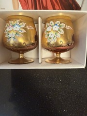 2 VTG Bohemian/Czech Clear Glass Brandy Snifters Gold Gilded Enameled