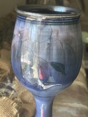 Vintage Water Or Wine Goblet. 2005. Blue Drip Glaze With Vines And Leaves.