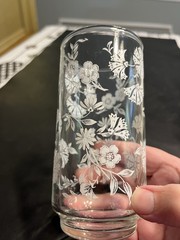 6pc Vintage Libbey Clear w White Flowers 12oz Tumbler Glasses